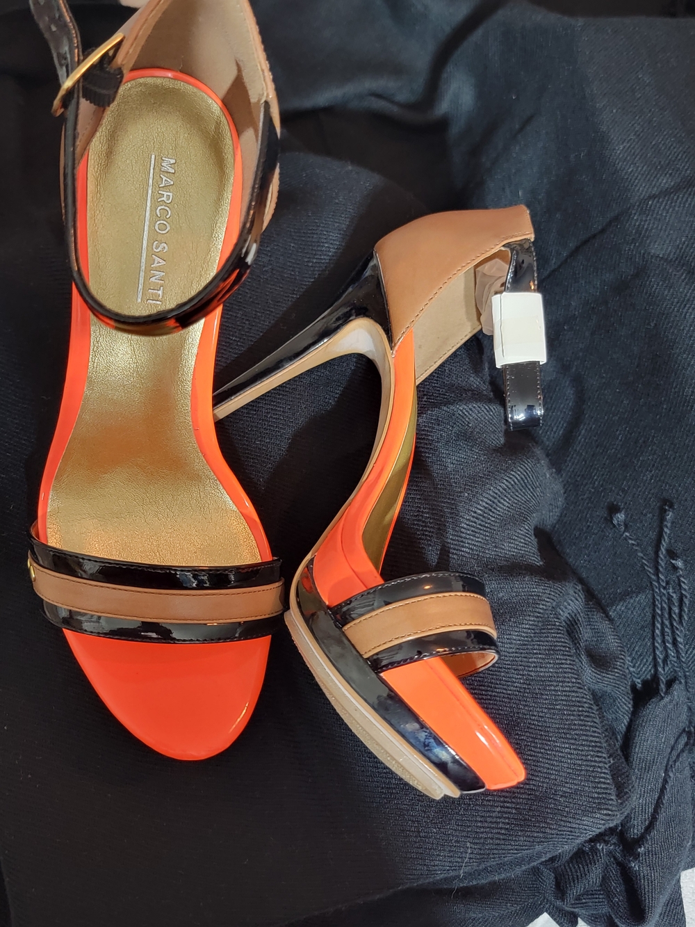 Marco Santi Orange, Tan & Black Patent Strappy Heels